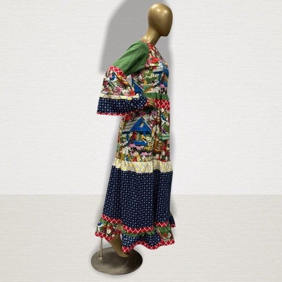 Cute Hobo Styled Maxi Dress Bird & Multi Print Cotton Long Ruffled Dress Women - Picture 3 of 8